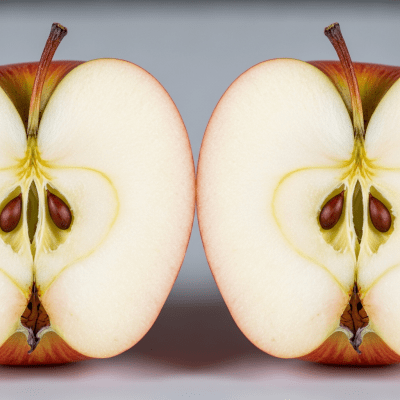 A close-up image showing a cross-section of a Rubinette of the taxonomy apples, sliced cleanly in half to reveal internal structure, seeds, and flesh