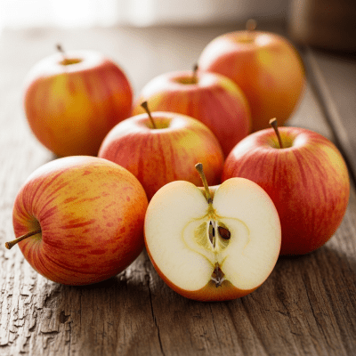 A simple arrangement showing several whole and one cut-open Rubinette, displayed on a wooden surface