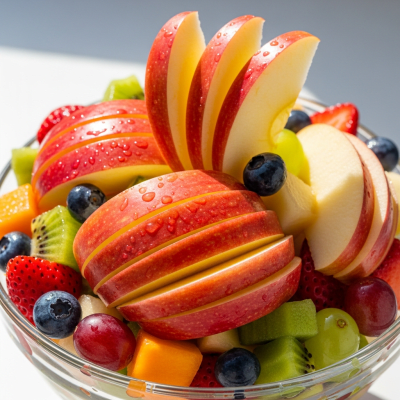 A photograph of a freshly sliced Rubinette of the taxonomy apples, presented as part of a fruit salad in a clear bowl