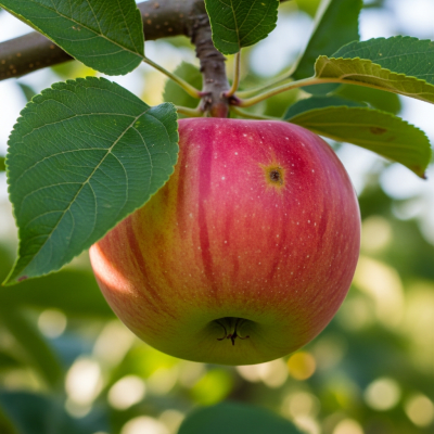 A naturalistic photograph of a Rubinette, hanging on its tree branch with leaves visible