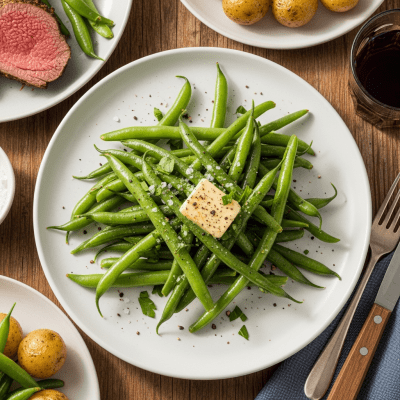 Image of cooked Runner Bean (beans) presented as part of a traditional dish or cuisine, plated attractively and photographed from above