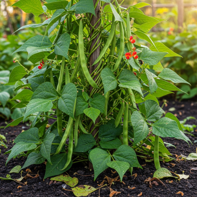 An image of Runner Bean, belonging to the taxonomy beans, displayed in its natural environment—such as growing on a plant or vine, surrounded by leaves and soil