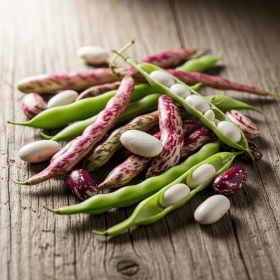 A handful of uncooked Runner Bean beans (beans) scattered on a rustic wooden surface, photographed in natural light to emphasize their variety and color