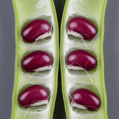 Close-up macro image of the Runner Bean (legumes) cut in half, displaying its internal structure and details such as seed arrangement, pod interior, or cross-section textures
