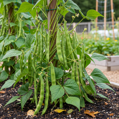 Photograph of the Runner Bean (legumes) growing naturally on its plant in an outdoor agricultural or garden setting, showing leaves, pods, and surrounding soil or greenery