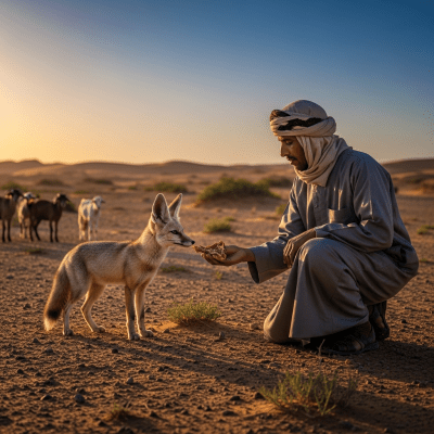Image of a Rüppell's Fox interacting with humans in a cultural or practical context