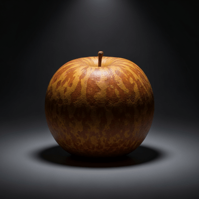 Editorial-style image of a single Russet from the taxonomy apples, dramatically lit against a dark gradient background to highlight color and texture.