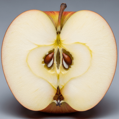 A close-up image showing a cross-section of a Russet of the taxonomy apples, sliced cleanly in half to reveal internal structure, seeds, and flesh