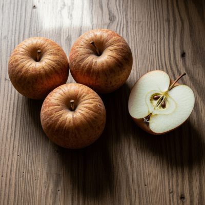 A simple arrangement showing several whole and one cut-open Russet, displayed on a wooden surface