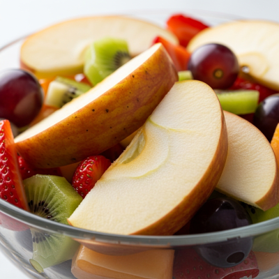 A photograph of a freshly sliced Russet of the taxonomy apples, presented as part of a fruit salad in a clear bowl