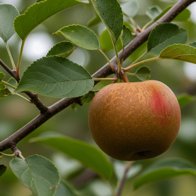 A naturalistic photograph of a Russet, hanging on its tree branch with leaves visible