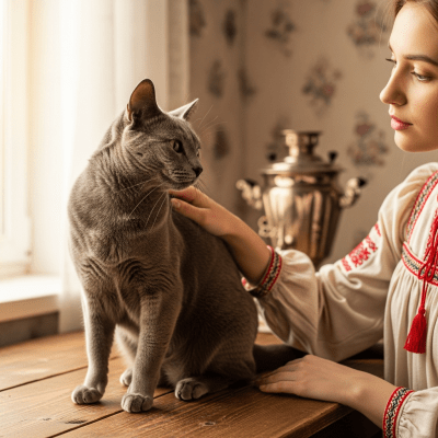 Image of a Russian Blue interacting with humans or participating in cultural activities