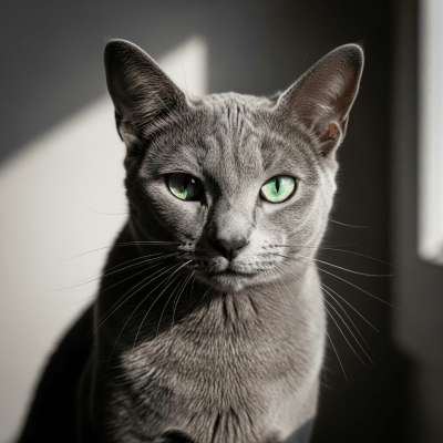 Editorial-style portrait of a Russian Blue from the taxonomy cats.