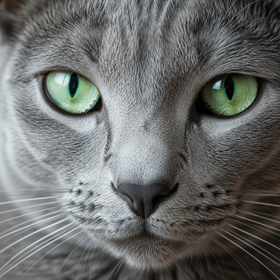 Close-up macro photograph of the face of a Russian Blue