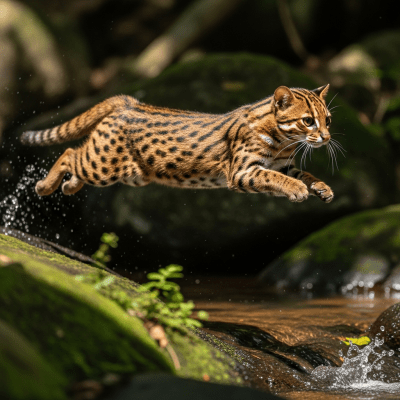 Action shot of a Rusty-spotted Cat
