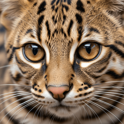 Close-up macro photograph focusing on the facial features and fur texture of a Rusty-spotted Cat