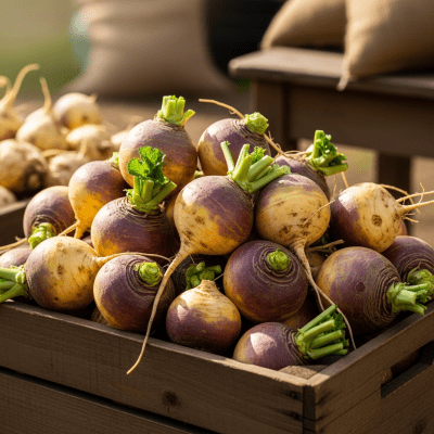 Image showing freshly harvested Rutabaga, displayed in a farmer's market basket or crate