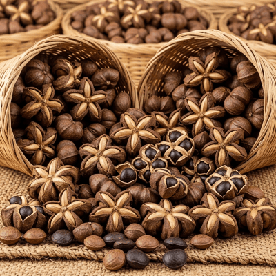 Photo showing harvested Sacha inchi (nuts) nuts in bulk, such as in baskets or containers