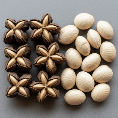 Image of a handful of unshelled and shelled Sacha inchi (nuts), side by side