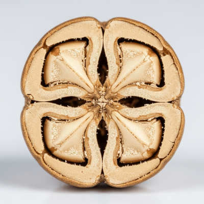 Macro close-up image showing the interior cross-section of a Sacha inchi (nuts)