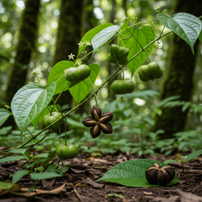 Photograph of a Sacha inchi (nuts) in its natural environment, such as on the tree, bush, or ground where it grows