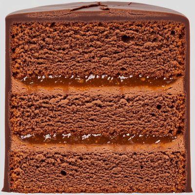 Detailed cross-sectional view of a sliced Sachertorte (cake), showing internal layers, textures, and ingredients