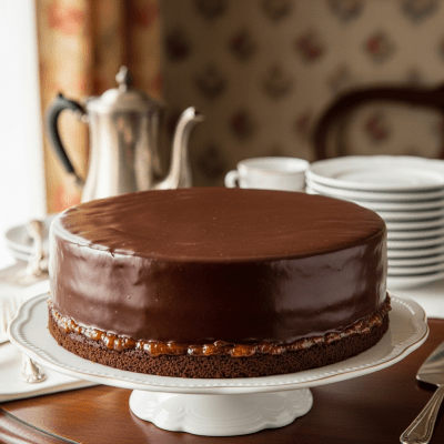 A realistic image of a whole Sachertorte (cake) displayed on a classic dessert table in a home or bakery setting