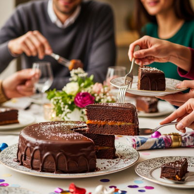 A scene showing the Sachertorte (cake) being served or enjoyed at a festive occasion, such as a birthday party or wedding