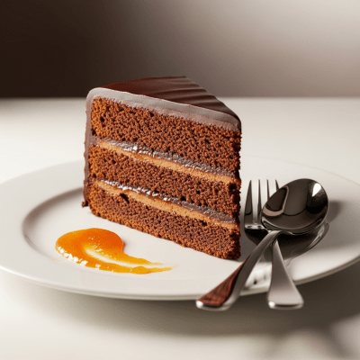 An image of a single slice of Sachertorte, from the cake taxonomy, isolated on a plate with simple cutlery