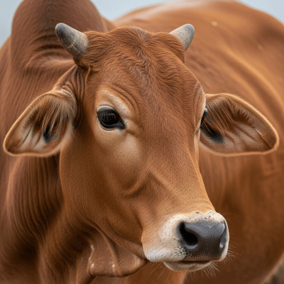 Close-up photograph of the head and face of a Sahiwal, focusing on distinctive features such as eyes, ears, and fur texture