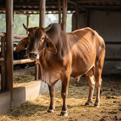 Documentary-style image of a Sahiwal in a barn or shelter environment, showing typical housing conditions for cows
