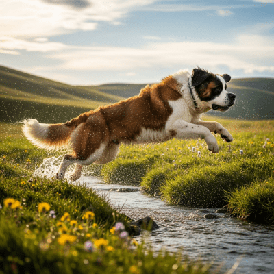 Full body action shot of a Saint Bernard