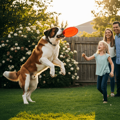 Image of a Saint Bernard interacting with humans in a typical cultural or domestic setting