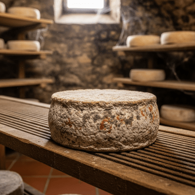 A whole wheel or block of Saint-Nectaire, shown in an artisanal cellar or aging environment typical for this cheese