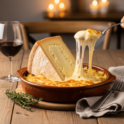 A piece of Saint-Nectaire being used in a classic culinary preparation or dish where it is commonly featured