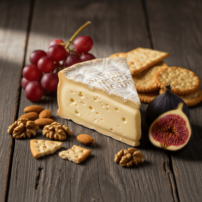 A serving of Saint-Nectaire arranged as part of a traditional cheese platter with fruits, nuts, and crackers
