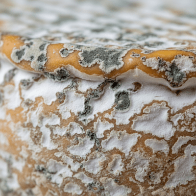 A close-up macro photograph of the rind and surface texture of a Saint-Nectaire