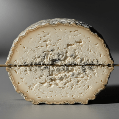 Close-up cross-sectional view of a Sainte-Maure de Touraine, showing its internal texture and structure
