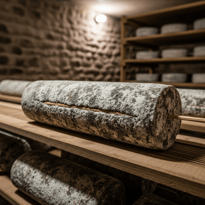 A whole wheel or block of Sainte-Maure de Touraine, shown in an artisanal cellar or aging environment typical for this cheese