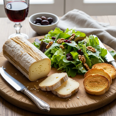 A piece of Sainte-Maure de Touraine being used in a classic culinary preparation or dish where it is commonly featured