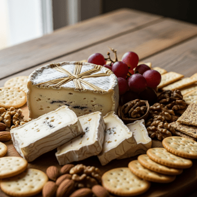 A serving of Sainte-Maure de Touraine arranged as part of a traditional cheese platter with fruits, nuts, and crackers