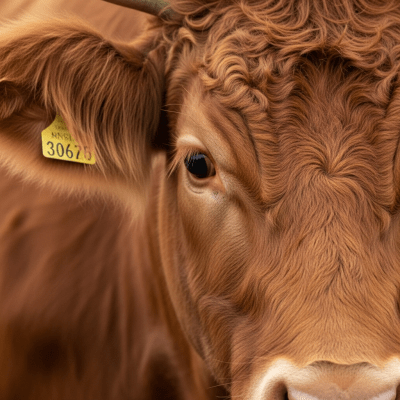 Close-up photograph of the head and face of a Salers, focusing on distinctive features such as eyes, ears, and fur texture