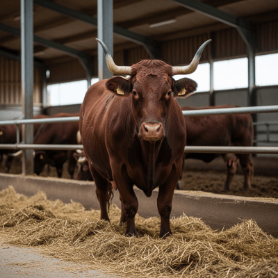 Documentary-style image of a Salers in a barn or shelter environment, showing typical housing conditions for cows