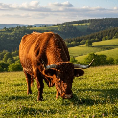 Naturalistic image of a Salers in its typical environment, such as a grassy pasture or open field