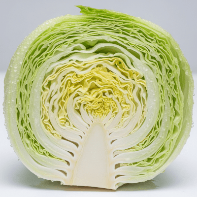 Detailed close-up image of a freshly cut cross-section of Salinas Lettuce, of the taxonomy lettuce