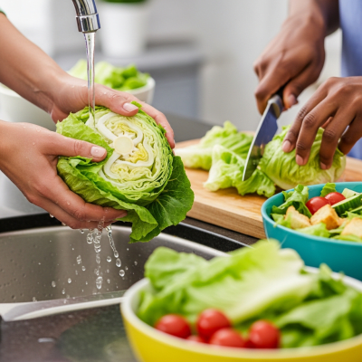 Photograph of a diverse pair of hands preparing or serving Salinas Lettuce in a kitchen setting