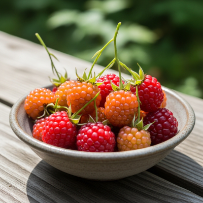 A high resolution image of several fresh Salmonberrys arranged in a simple bowl, representing their use within the taxonomy berries