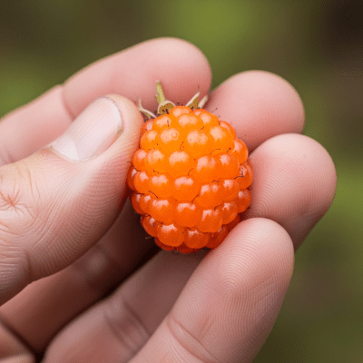 A factual photograph of a hand holding a ripe Salmonberry, illustrating its size and appearance for the taxonomy berries