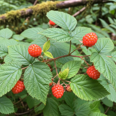 A naturalistic photograph of a Salmonberry growing on its plant in its typical environment, representing the taxonomy berries