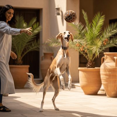 Image of a Saluki interacting with humans in a typical cultural or domestic setting